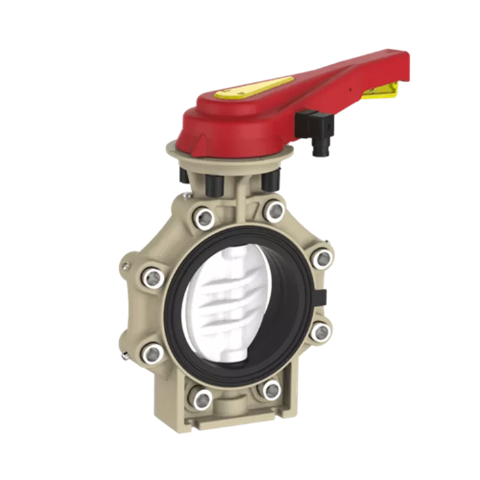 Praher Butterfly Valve K+ PVDF with Hand Lever, Position Feedback and Lug Type