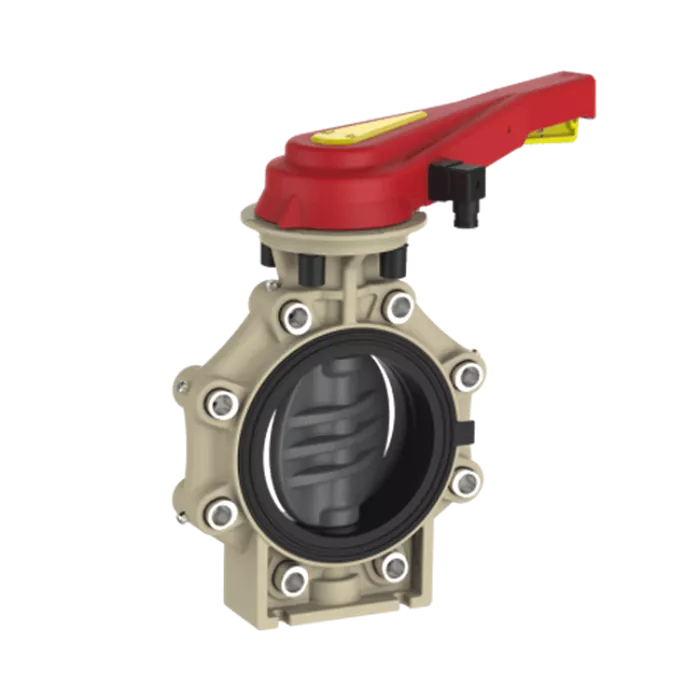 Praher Butterfly Valve K4 PVC-U with Hand Lever, Position Feedback and Lug Type